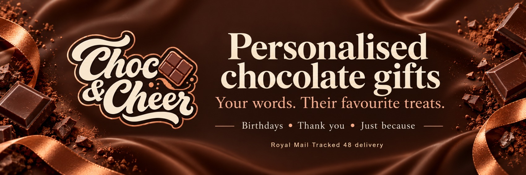 Choc & Cheer personalised chocolate gifts. Your words. Their favourite treats.