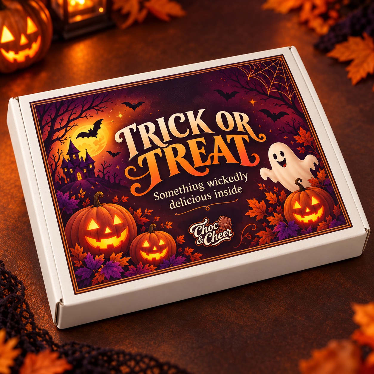 Outside of the Halloween Choc & Cheer box with Trick or Treat design